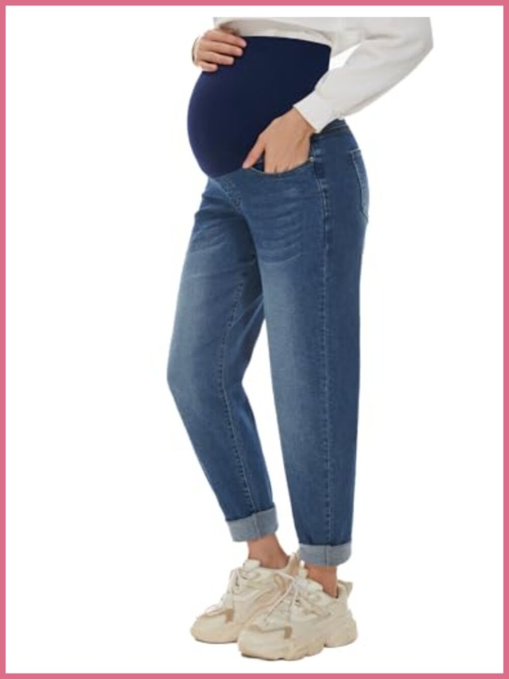 Maternity Boyfriend Jeans Over Belly Stretch Loose Denim Pants Pockets